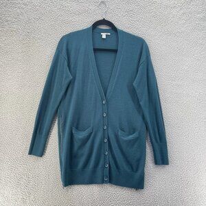 Halogen Wool Cardigan Sweater Women Medium Green Blue Button Down Boho Lagenlook
